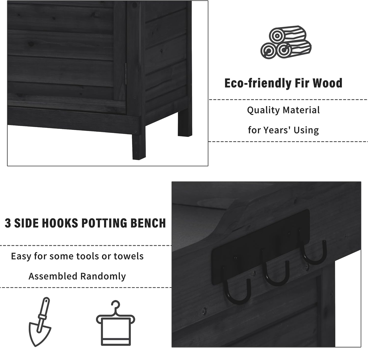 Outdoor 39' Potting Bench Table, Rustic Garden Wood Workstation Storage Cabinet Garden Shed with 2-Tier Shelves and Side Hook, Orange,for Outdoor Indoor Use (Black)