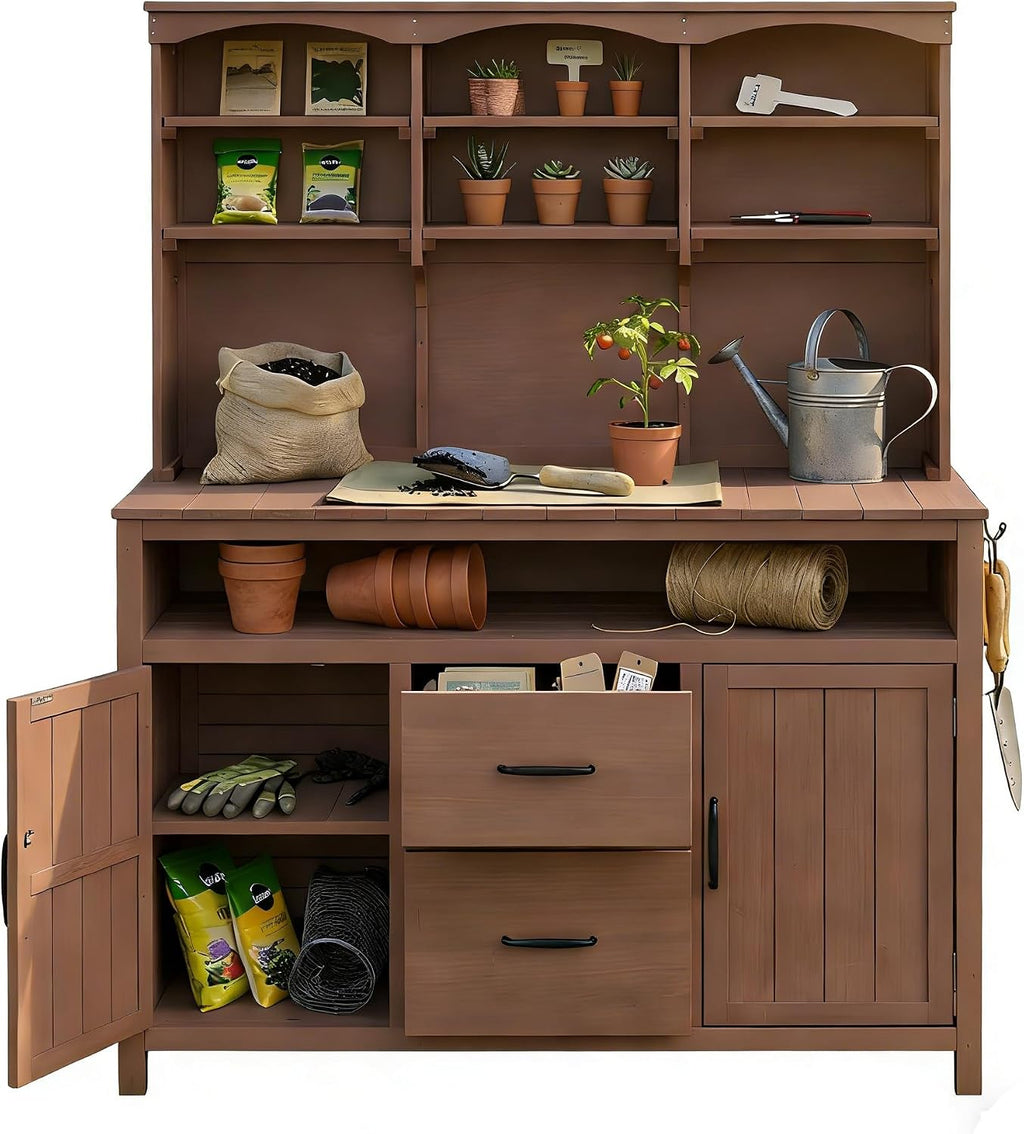 Roomfitters Outdoor Garden Potting Bench with Storage Hutch, Potting Table with Drawers and Cabinets, Shelves, Brown