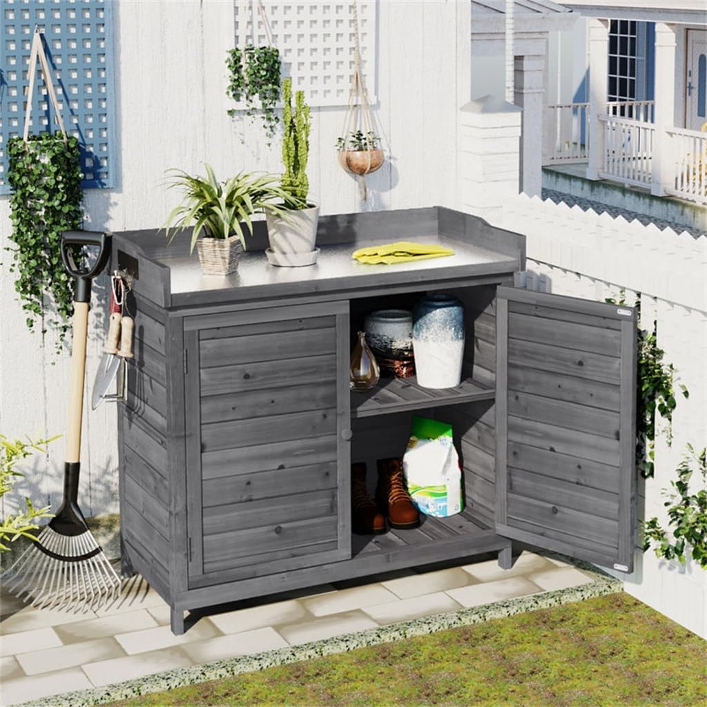 Outdoor 39' Potting Bench Table, Workstation Storage Cabinet Garden Shed with 2-Tier Shelves and Side Hook, Tool