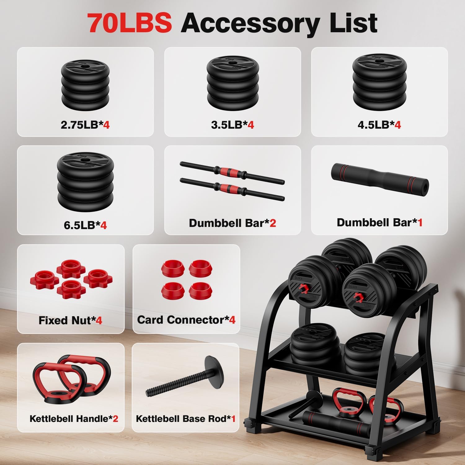 Adjustable Dumbbell Set, 20/30/45/70/90lbs Free Weight Set With Double Locknut, 5-in-1 Dumbbells Set Includes Barbell, Kettlebells, Push up Stand, Weight Plate, Fitness Exercise for Home Gym Suitable Men/Women