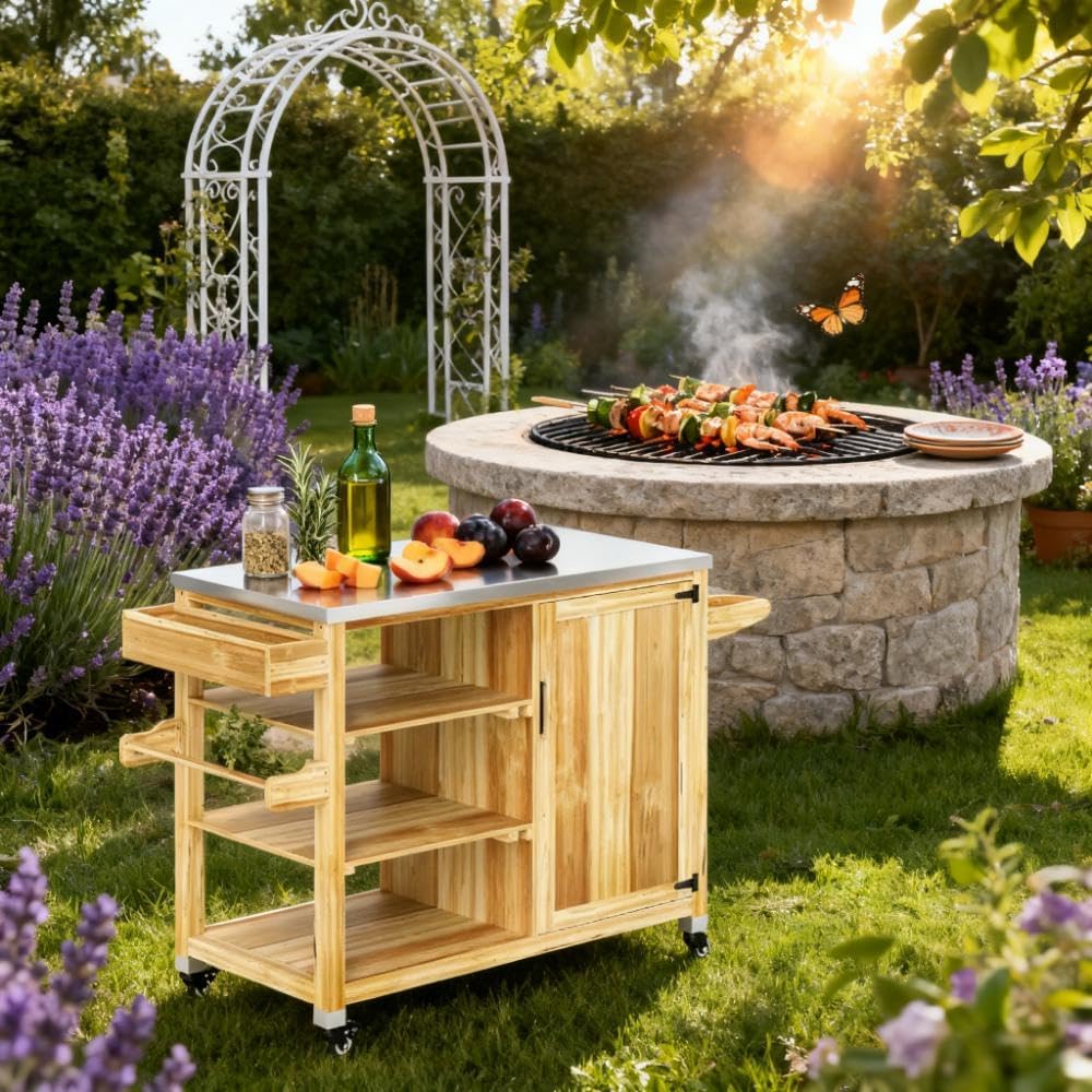Outdoor Grill Table Cart with Stainless Steel Top, Solid Wood Outdoor Kitchen Island with Wheels and Storage Cabinet, Food Prep Table with Open Shelves for BBQ, Patio, Kitchen, Natural Wood