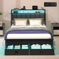 Queen Bed Frames with Storage Drawer, Platform Bed with Charging Station and LED Lights, Upholstered Headboard with 2-Tier Storage Shelves, No Box Spring Needed