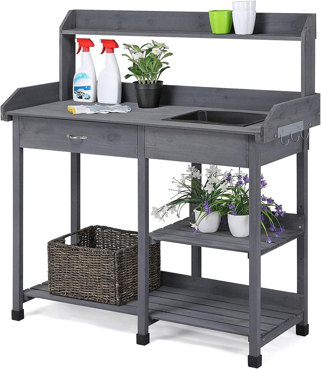 Potting Bench Table Patio Outdoor Garden Work Station Planting Shelf Sink Drawer Solid Wood Construction, Deck, Balcony anXella (Color : A)