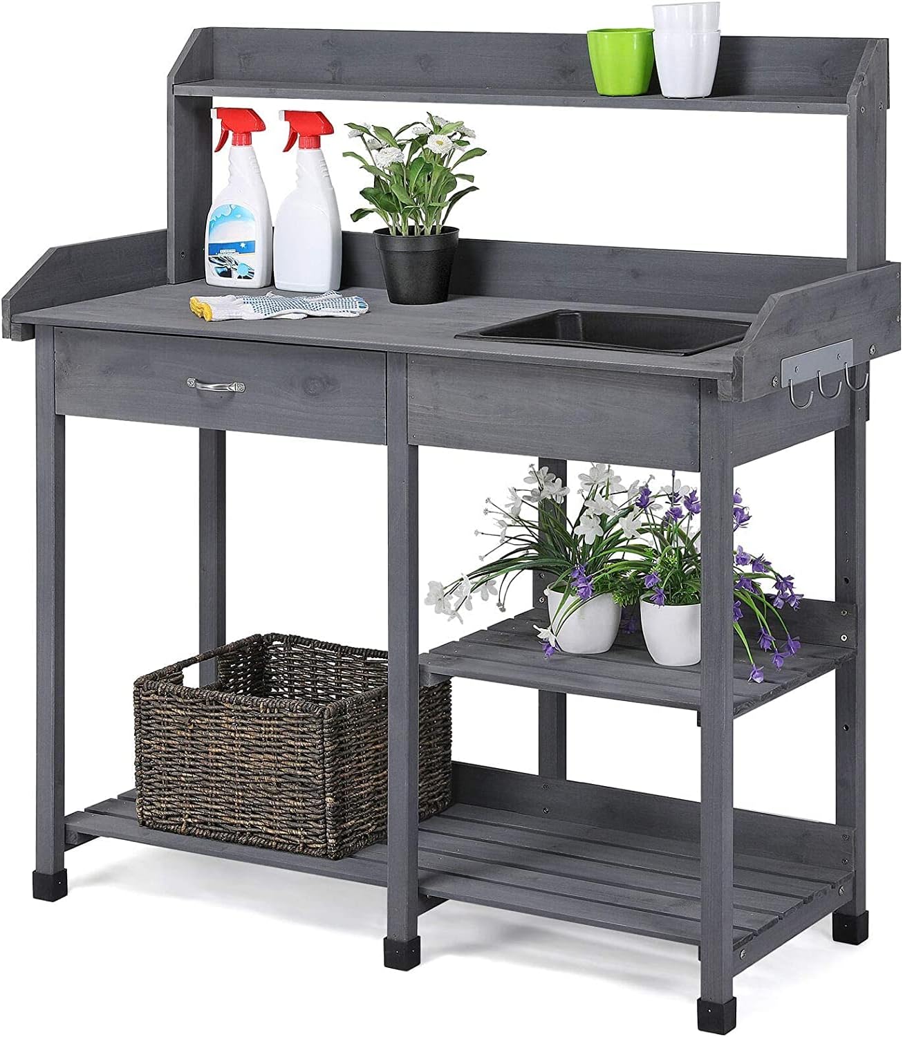 Potting Bench Table Patio Outdoor Garden Work Station Planting Shelf Sink Drawer Solid Wood Construction, Deck, Balcony anXella (Color : A)