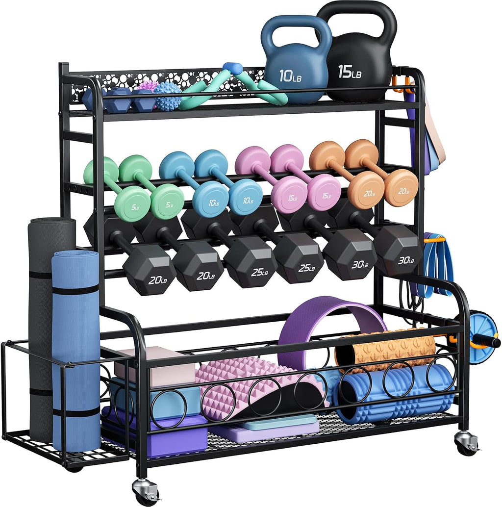 Dumbbell Rack, VOPEAK Adjustable Weight Rack for Home Gym, Home Gym Storage Rack for Yoga Mat Kettlebells and Strength Training Equipment, Weight Storage Rack for Dumbbells with Wheels
