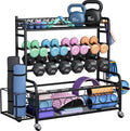 Dumbbell Rack, VOPEAK Adjustable Weight Rack for Home Gym, Home Gym Storage Rack for Yoga Mat Kettlebells and Strength Training Equipment, Weight Storage Rack for Dumbbells with Wheels