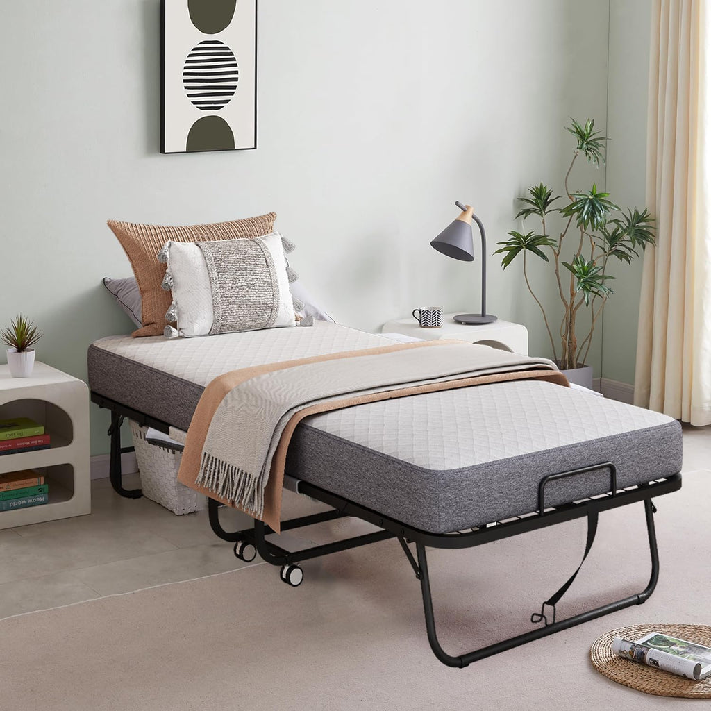 Espsilto Twin Size Folding Bed with Mattress for Adult，75''x38'' Portable Fold Up Rollaway Bed for Guest with Memory Foam Mattress, Space Saving, Foldable, Easy to Store