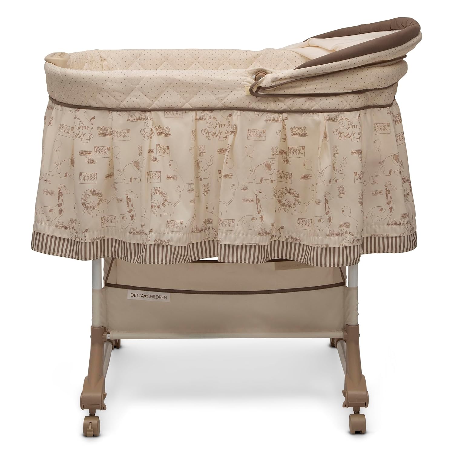 Delta Children Portable Rocking Bassinet for Newborns Bedside Sleeper Crib with Gentle Vibrations, Nightlight, Soothing Music, Adjustable Canopy, Plush Toys, Storage Basket, Baby Essentials