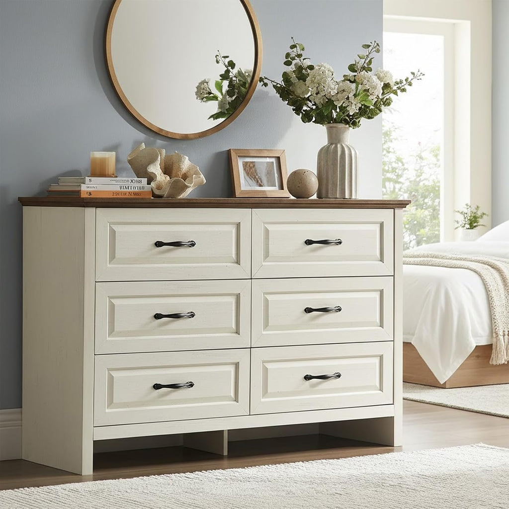 Pipishell White 6 Drawer Dresser for Bedroom, 47' Wide Wood Chest of Drawers with Bar Handles, Modern Storage Dresser Organizer for Bedroom, Living Room, Hallway, Brown & White