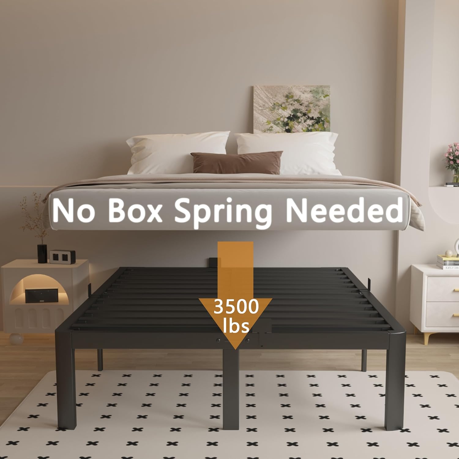 King Size Bed Frame 16 Inch Black, Metal King Bed Frame with Baffles, No Box Spring Needed, Heavy Duty Steel Platform Support, Round Corner Design, Reserved Holes, Noiseless, Easy Assembly