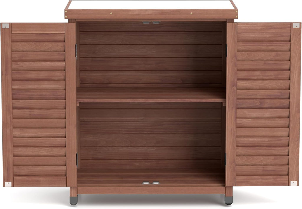 Potting Bench with Storage Cabinet and Metal Table Top - Outdoor Patio Garden Furniture Wood Workstation - Spacious Interior for Organizing Garden Supplies and Outdoor Gear (Brown)