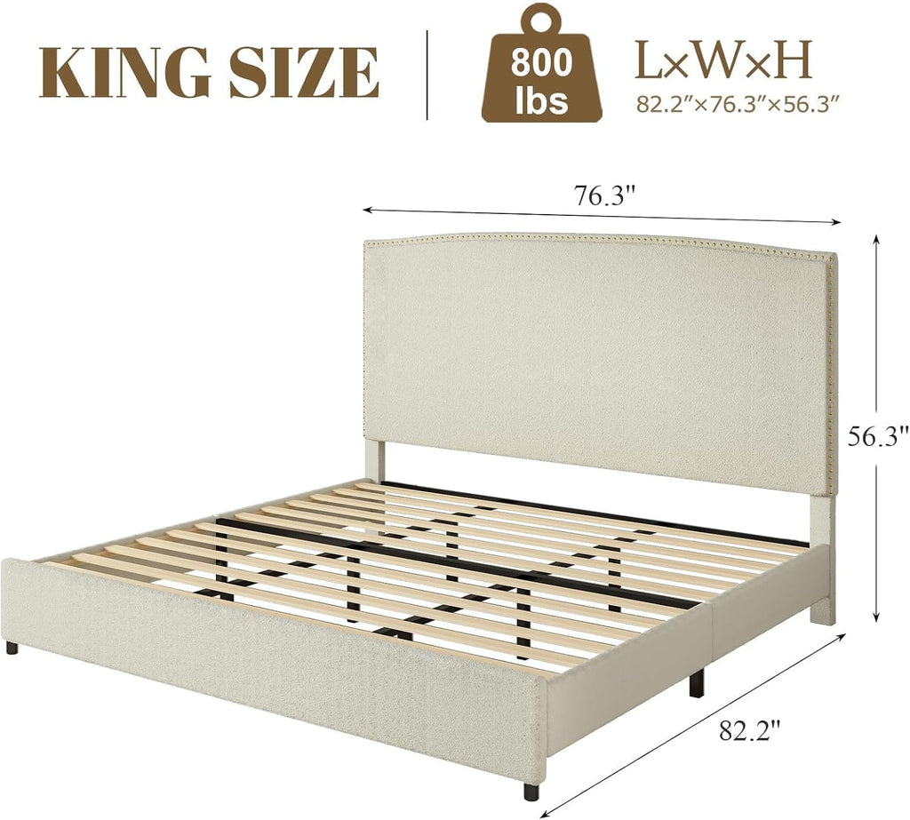 BarnFurin King Size Chenille Bed Frame with 56' Tall Headboard, Upholstered Platform Bed with Nailhead Trim Headboard, Soft Boucle Fabric, No Box Spring Needed, Beige
