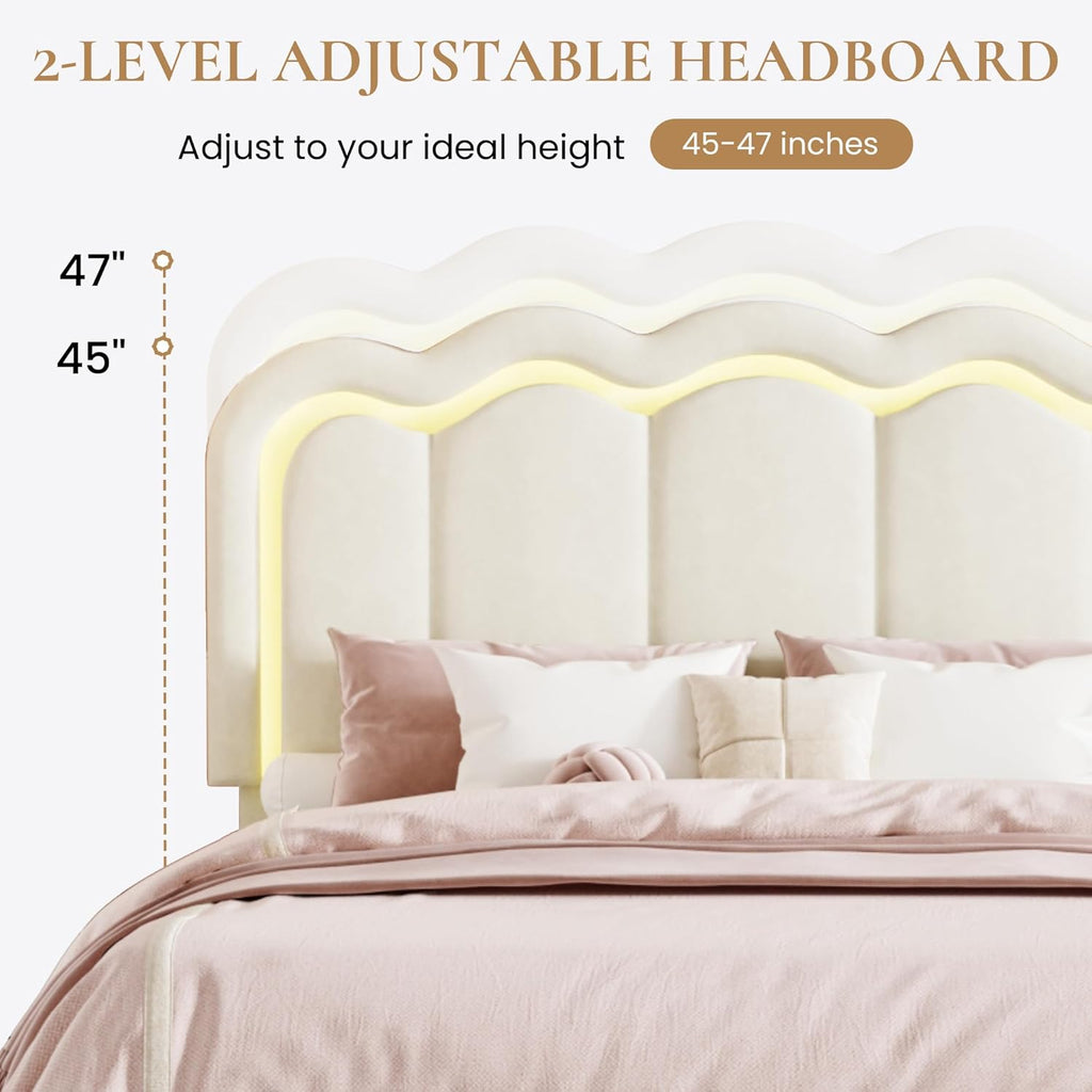 SHA CERLIN Upholstered Full Size Bed Frame with LED Lights and Large Storage Drawer, Velvet Platform Bed with Adjustable Wavy Headboard, Noise Free, Easy Assembly, No Box Spring Needed, Soft Cream