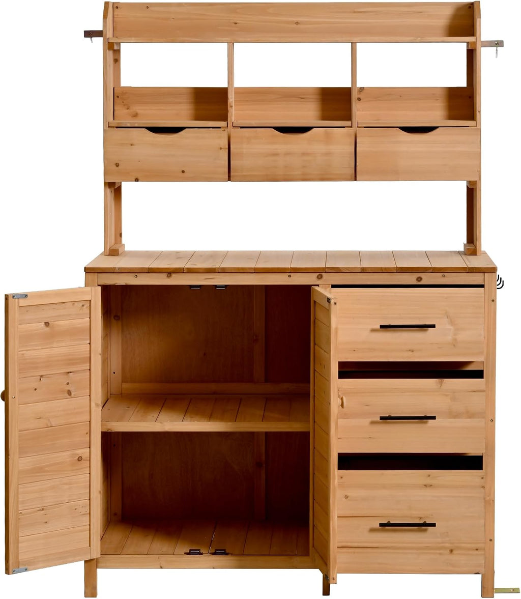 Farmhouse Patio Potting Bench,Large Freestanding Garden Workstation with 6 Drawers, Bottom Storage and Side Hook,Outdoor Kitchen Island (Natural-s-)