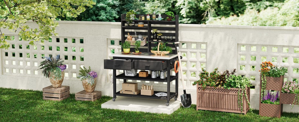 64.9-Inch Height Outdoor Potting Table with Lockable Wheels, Solid Wood Rolling Cart, Storage Hutch & Towel Rack, Spacious Organizer for Patio Gardening, Plant Repotting (Black)