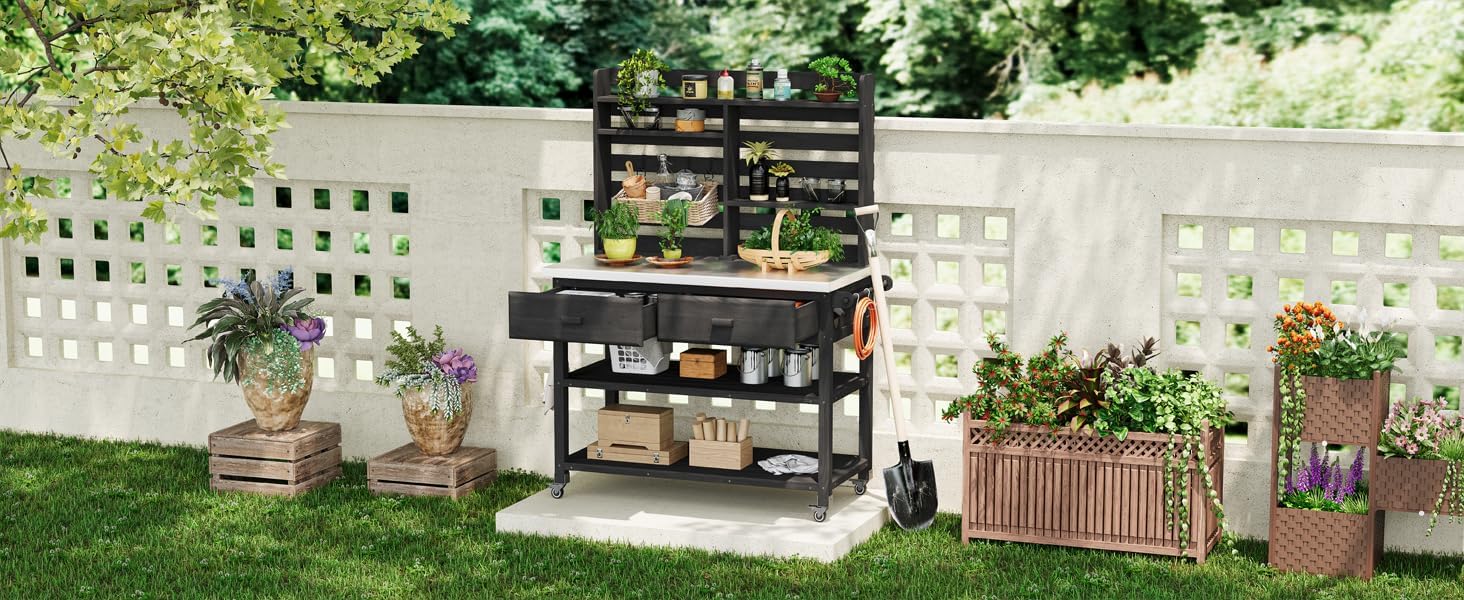 64.9-Inch Height Outdoor Potting Table with Lockable Wheels, Solid Wood Rolling Cart, Storage Hutch & Towel Rack, Spacious Organizer for Patio Gardening, Plant Repotting (Black)