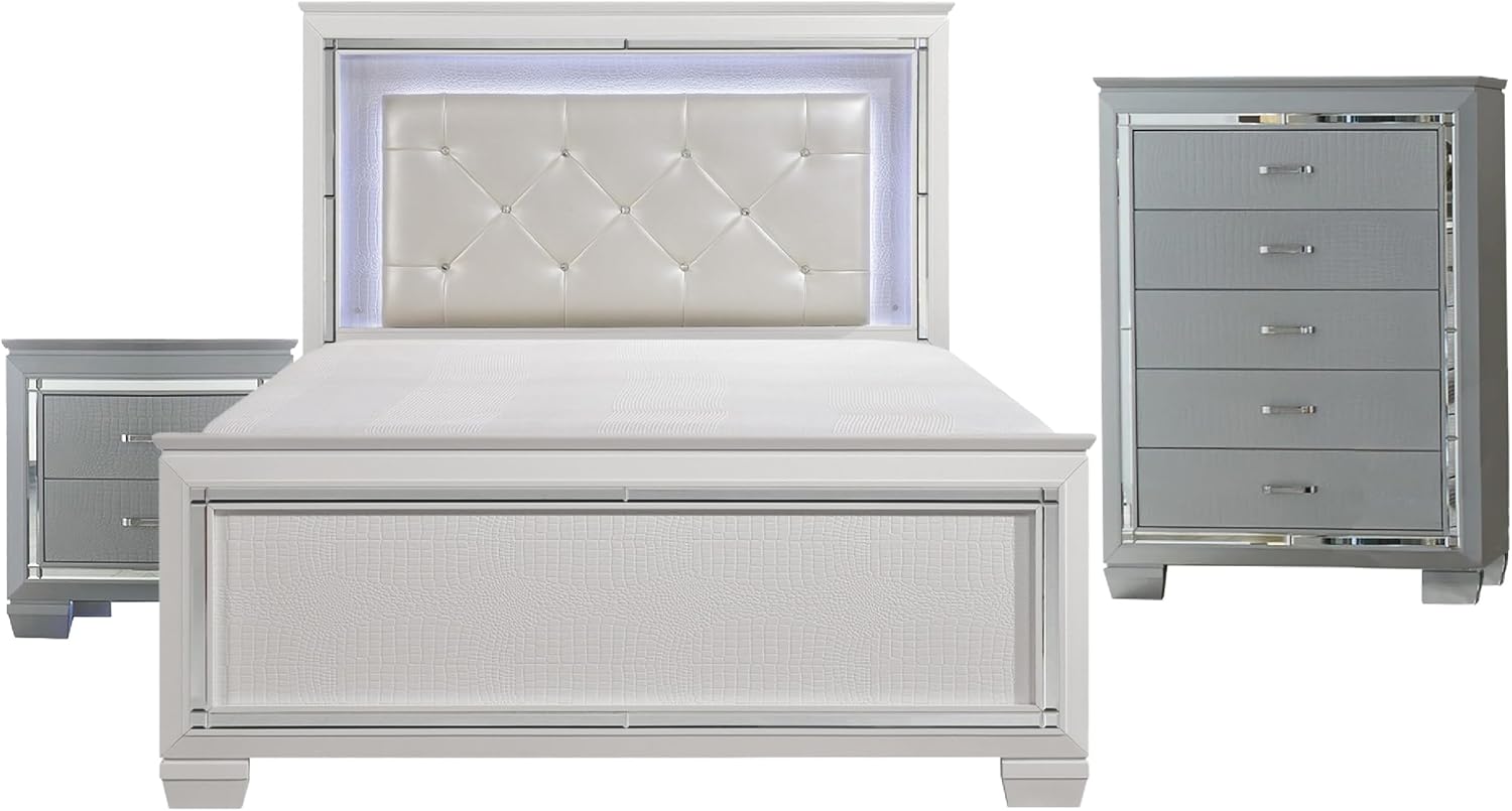Benzara Alen 3 Pc Full Size Bedroom Set- Button Tufting- Mirror Trim- Black