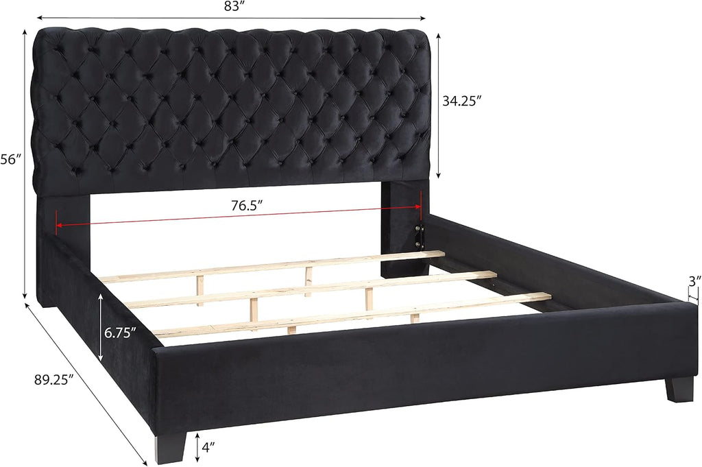 Roundhill Furniture Apoera Velvet Upholstered Button Tufted Bed, King, Black