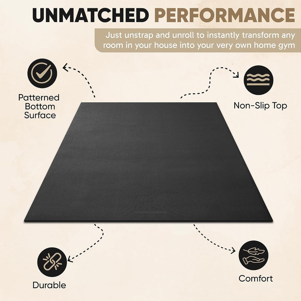 Gorilla Mats Large Exercise Mat – 6'x4', 7'x4', 7'x5', 8'x4', 10'x4' (1/4' Thick) – Ultra Durable Workout Mat for Home Gym Flooring – Non-Slip, Flat Fitness, Yoga & Weight Lifting Floor Mat