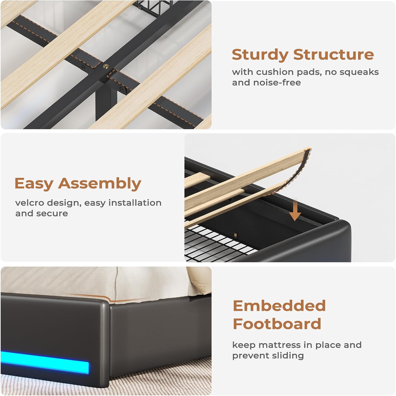 VIAGDO Full Size Bed Frame with Bookcase Headboard and Storage, Upholstered Platform Bed Frame Full Size with Charging Station, 4 Drawers and LED Lights, Heavy Duty, No Box Spring Needed, Black