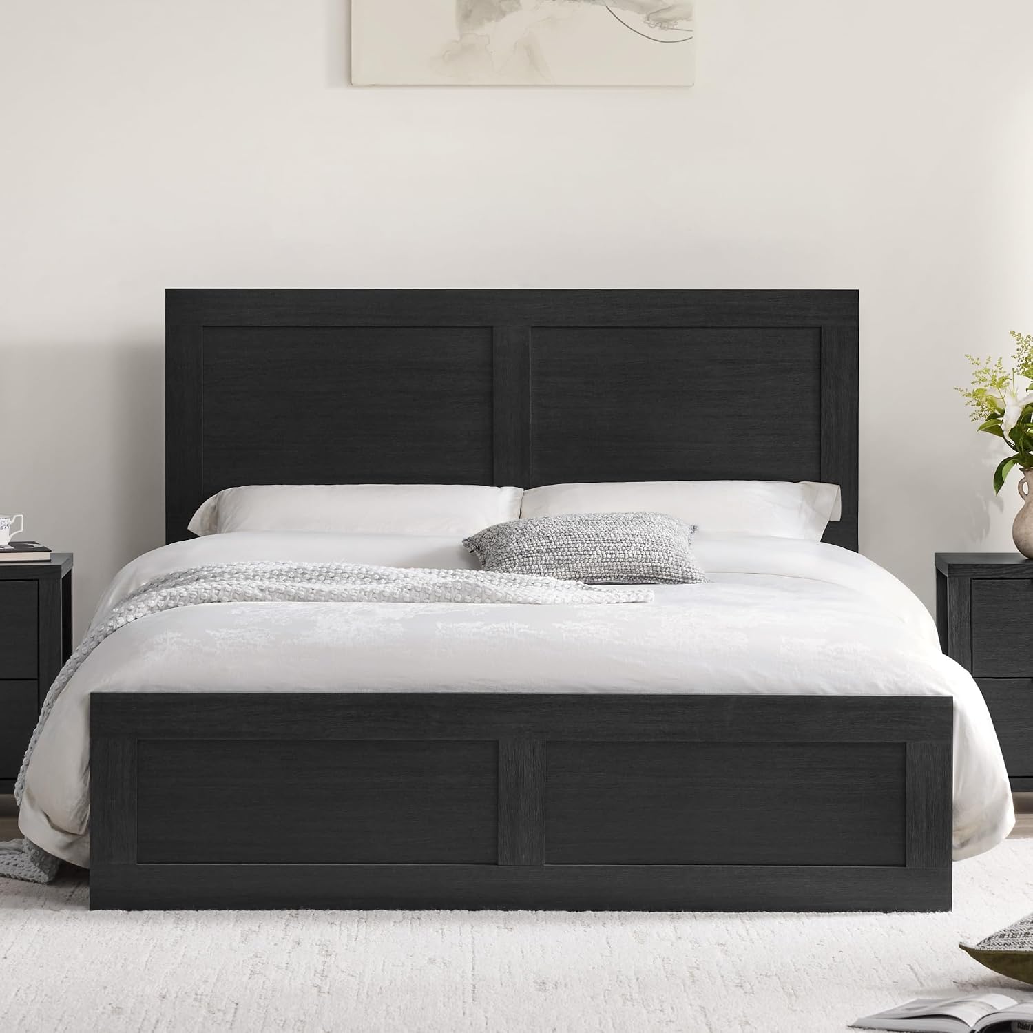 KISLOT 3 Pieces Bedroom Set, Queen Size Wood Platform Bed Frame and 2 Nightstands, Storage Nightstand with Type-C Charging Port, Farmhouse Bedroom Furniture Set