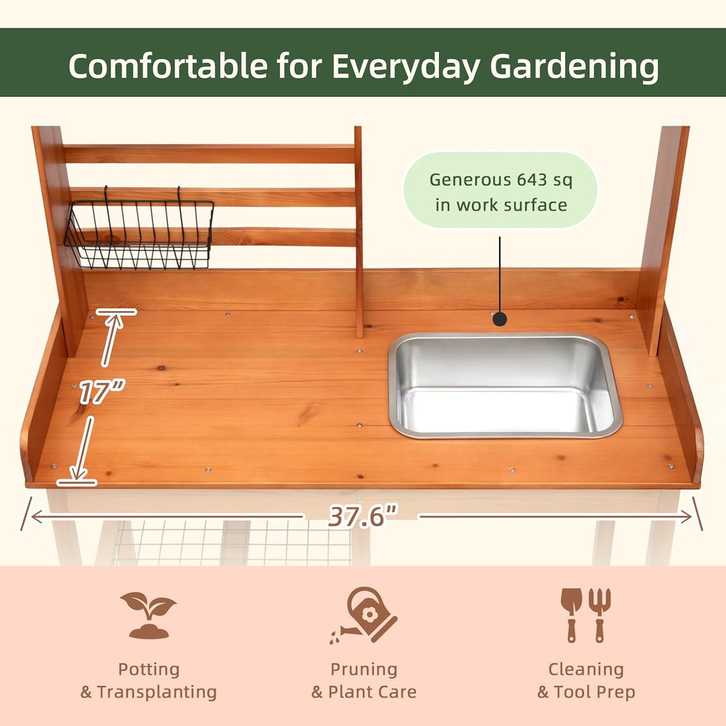 OOOK Potting Bench, Nordic Scots Pine Potting Table, Removable Sink, Workstation for Outside Patio Lawn, Wooden Garden Work Station
