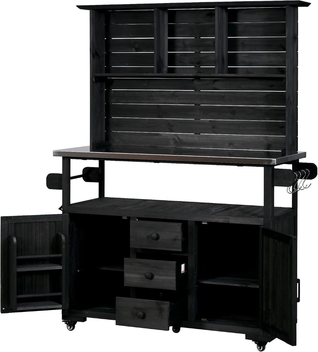 65' H Garden Potting Bench with Storage, Outdoor Wood Kitchen Island Stainless Steel Top, Lockable Wheels, Drawers, Door Shelves & Hutch for Patio Grilling Station, Black