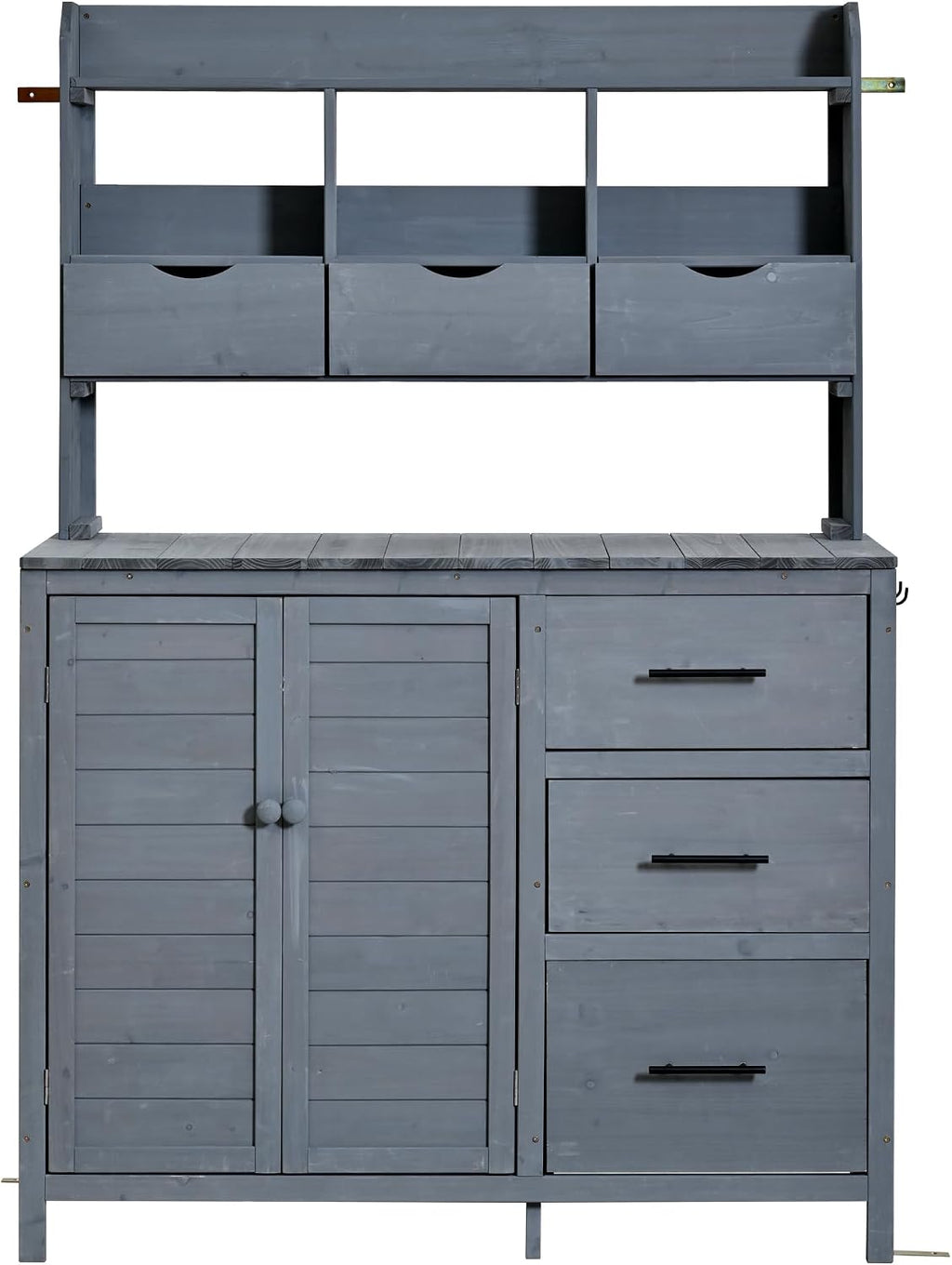 65' H Garden Potting Bench with Storage Drawers and Bottom Cabinet, Multi-Functional Outdoor Patio Kitchen Island with Shelf and Side Hooks, Large Countertop for Gardening, Grill, Gray