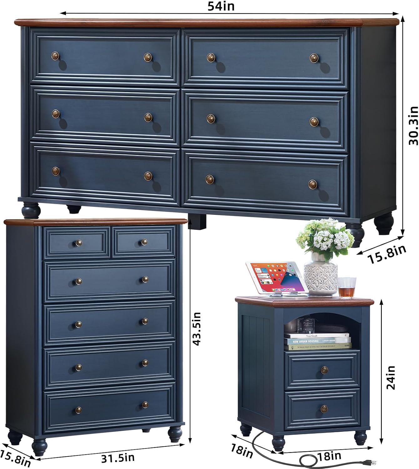 Farmhouse Dressers & Night Stand Set of 3, Wood 54' Wide 6 Drawer Dresser & 43.5'Tall Chest of Drawers, 18' with Charging Station Nightstand, Bedroom Furniture Dresser Set for Home Living Room Hallway