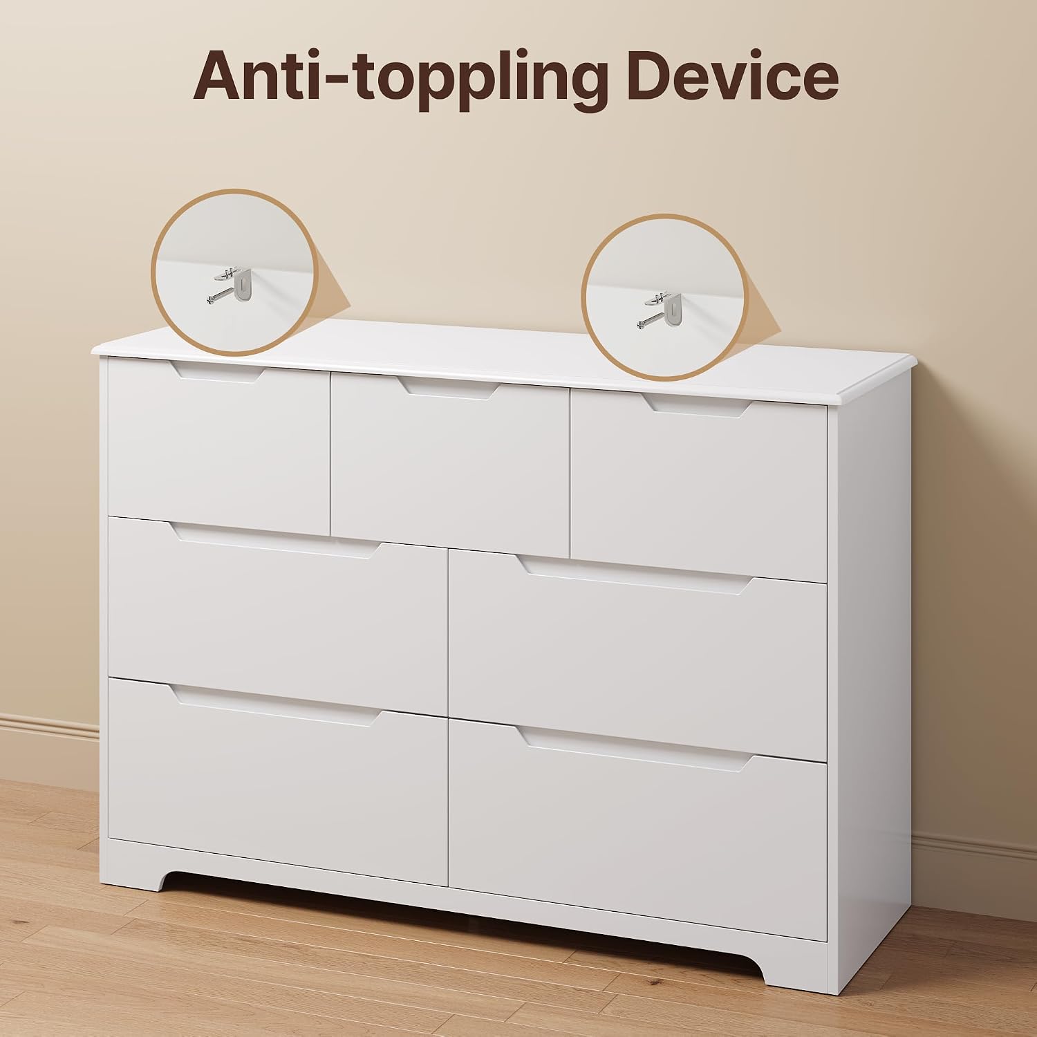 Gizoon 7 Drawer Dresser, 48' Wide White Dresser for Bedroom, Chest of Drawers with Handle Free Design, Modern Storage Organizer for Living Room, Kids Room, Entryway, Hallway, White