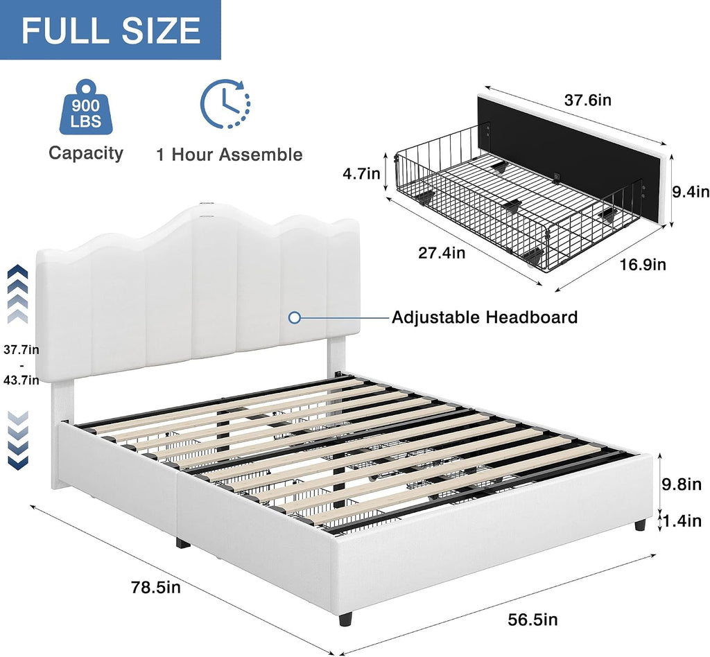 VECELO Full Size Platform Bed Frame with Type-C & USB Charging Stations/4 Storage Drawers, Upholstered Adjustable Headboard, Strong Wooden Slats Support, No Box Spring Needed, Easy Assembly