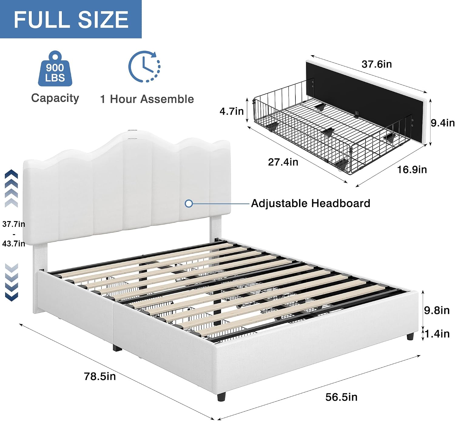 VECELO Full Size Platform Bed Frame with Type-C & USB Charging Stations/4 Storage Drawers, Upholstered Adjustable Headboard, Strong Wooden Slats Support, No Box Spring Needed, Easy Assembly