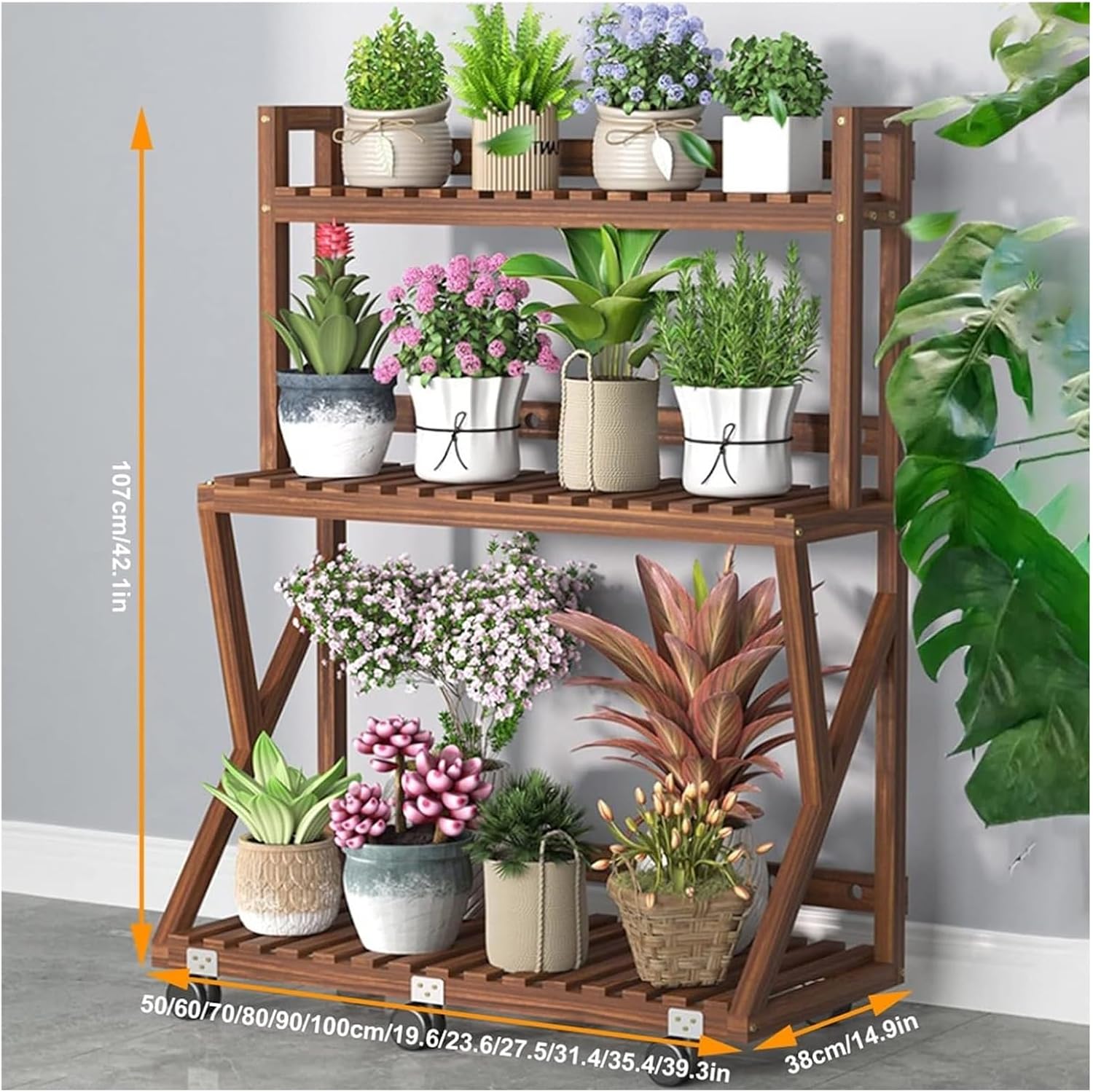 Potting Bench Table,Garden Potting Table, Plant Stands Outdoor Wooden Garden Shelf 3-Tier Plant Shelves with Universal Wheel for Patio Storage and Organizing Garden Items and Plant Accessories ( Color