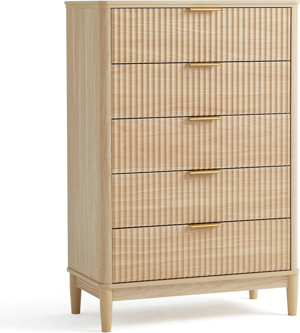 LINSY HOME Fluted 5 Drawers Dresser, 46' Tall Modern Chest of Drawers, Curved Profile Design, Mid Century Wood Dresser with Metal Handle for Bedroom, Living Room, Hallway, Entryway, Oak