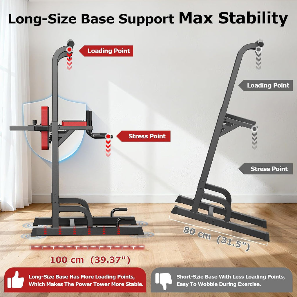Pooboo Power Tower Dip Station Pull Up Bar for Fitness Home Gym Workout,450 Pounds Multi-Function Adjustable Height Fitness Strength Training Exercise Equipment,with Power Elastic Ropes