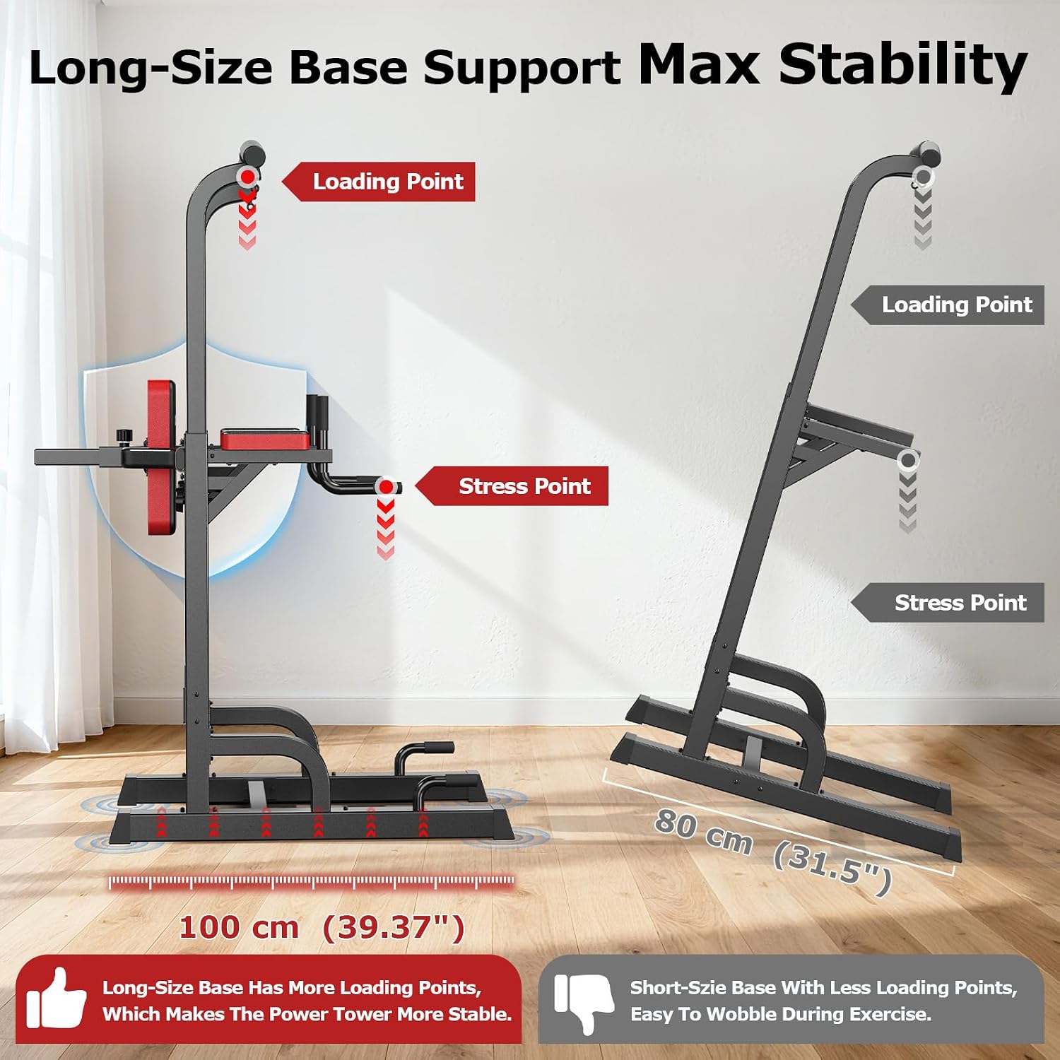 Pooboo Power Tower Dip Station Pull Up Bar for Fitness Home Gym Workout,450 Pounds Multi-Function Adjustable Height Fitness Strength Training Exercise Equipment,with Power Elastic Ropes