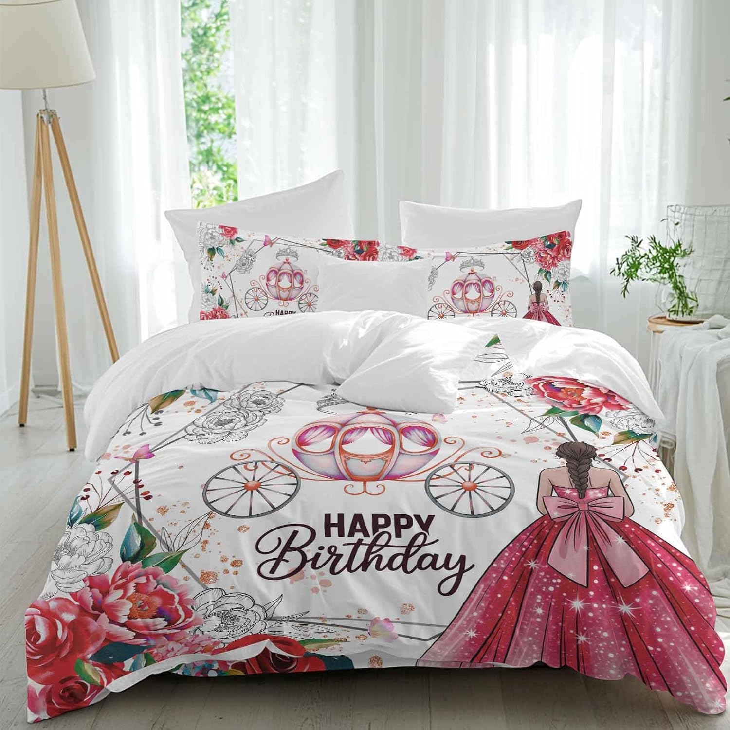 Happy Birthday Duvet Cover Set, Red Dress Crown Carriage Flowers Butterfly Soft Duvet Cover Twin Size Bedding Set 4 Pieces, 1 Quiltcover and 2 Pillowcases with Zipper, 1 Bed Sheet for All Seasons