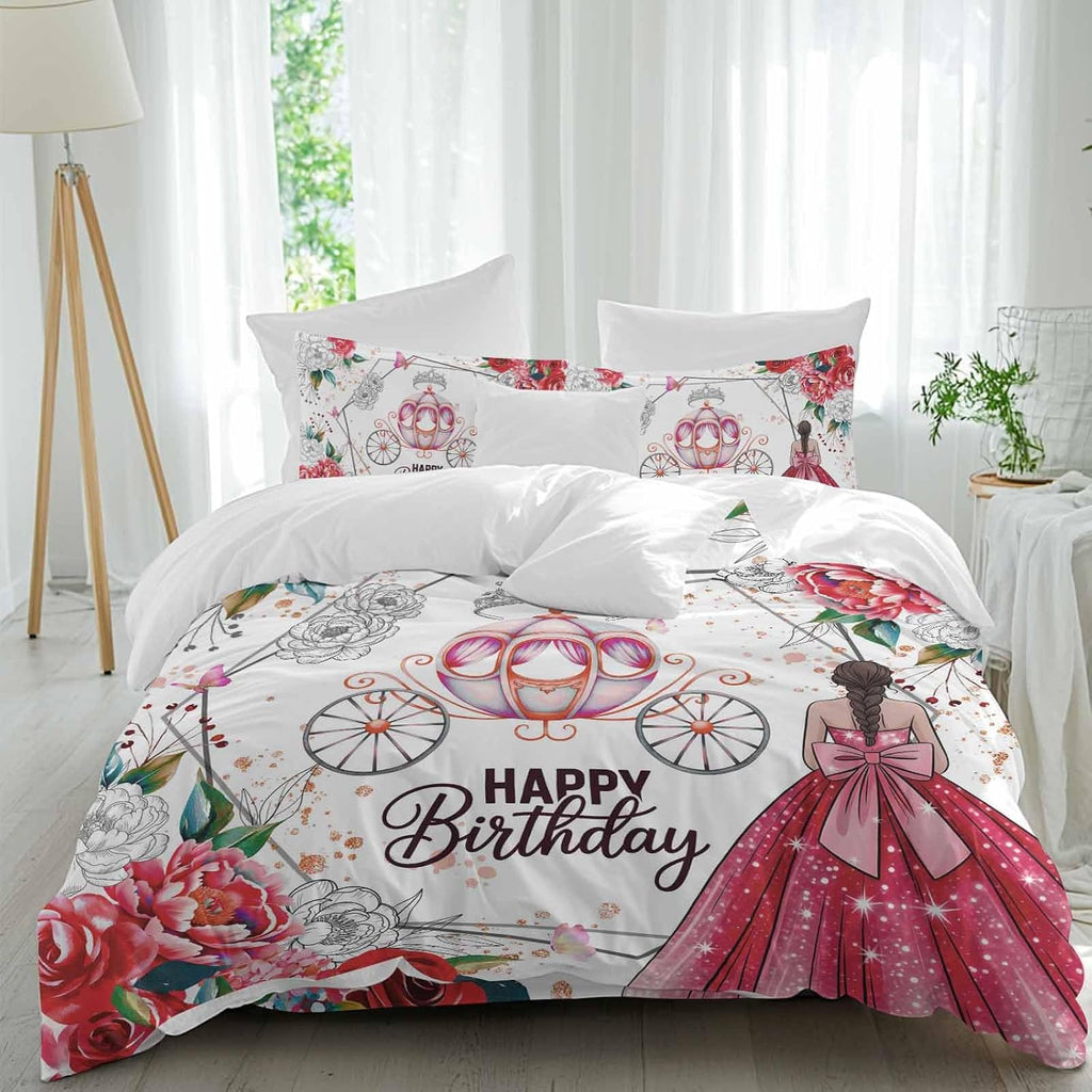 Happy Birthday Duvet Cover Set, Red Dress Crown Carriage Flowers Butterfly Soft Duvet Cover Full Size Bedding Set 4 Pieces, 1 Quiltcover and 2 Pillowcases with Zipper, 1 Bed Sheet for All Seasons
