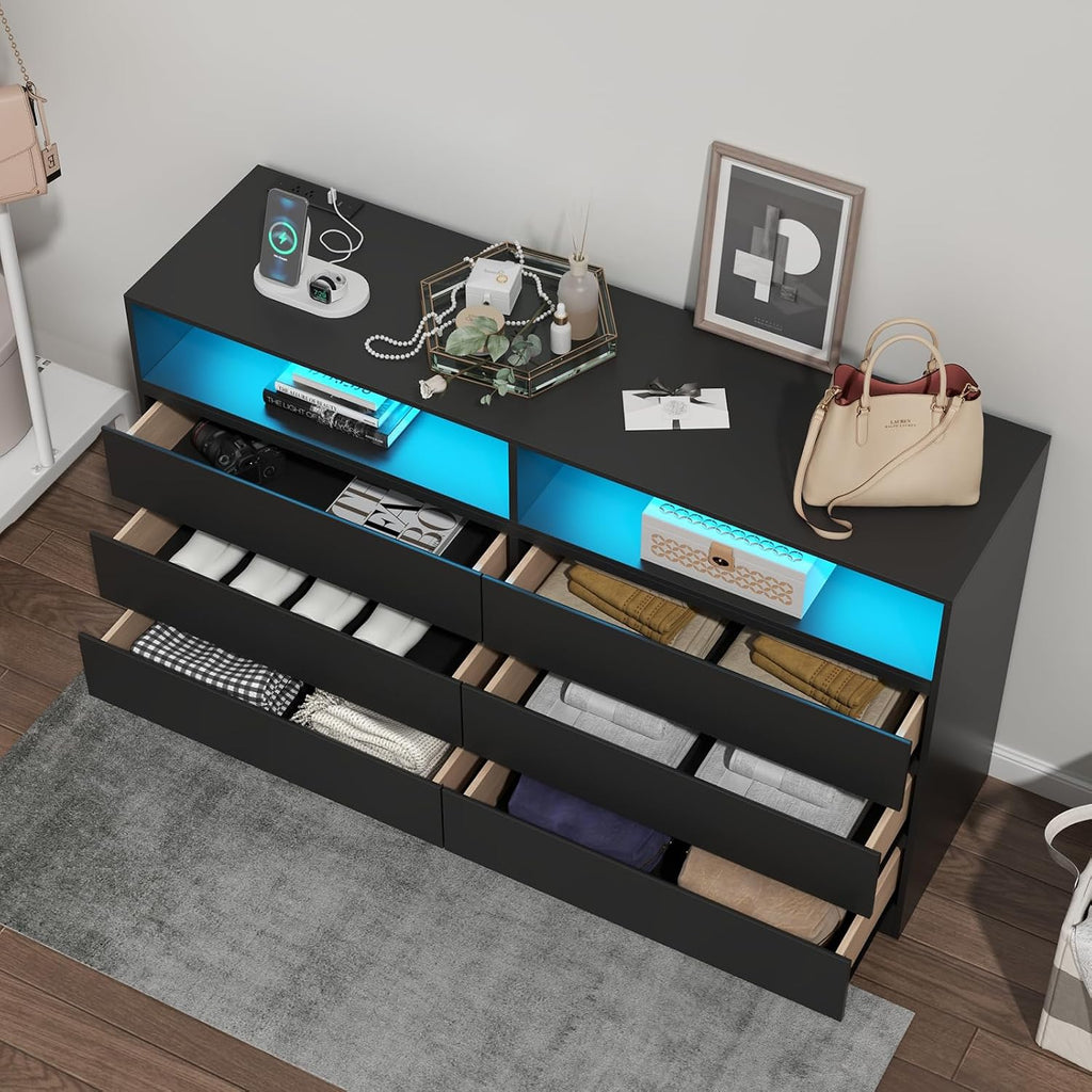 Loomie 6 Drawers Double Dresser with Power Outlet & LED Light, Long Chests of Drawers with Storage Cubby, Wood Wide TV Stand for up to 60' for Bedroom, Hallway, Entryway, Black