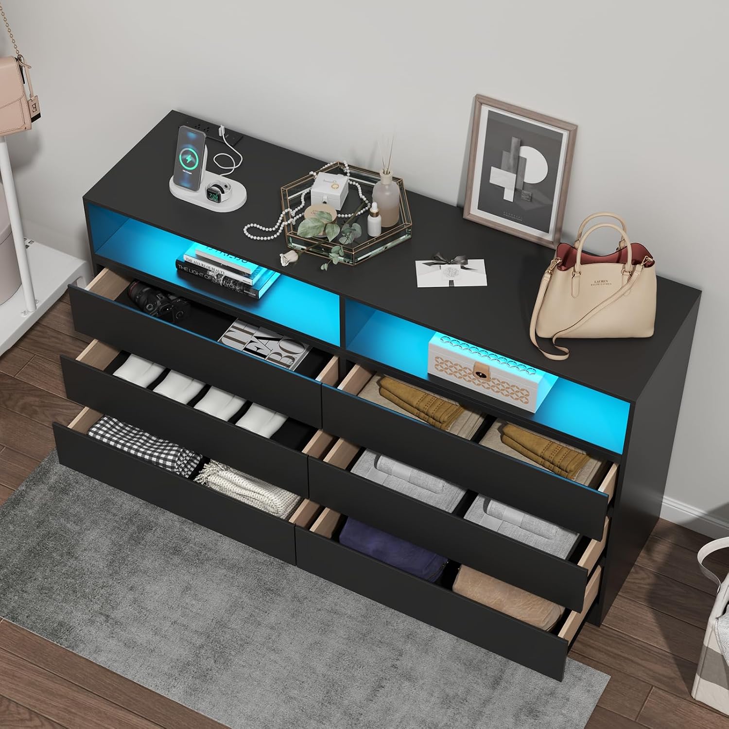 Loomie 6 Drawers Double Dresser with Power Outlet & LED Light, Long Chests of Drawers with Storage Cubby, Wood Wide TV Stand for up to 60' for Bedroom, Hallway, Entryway, Black
