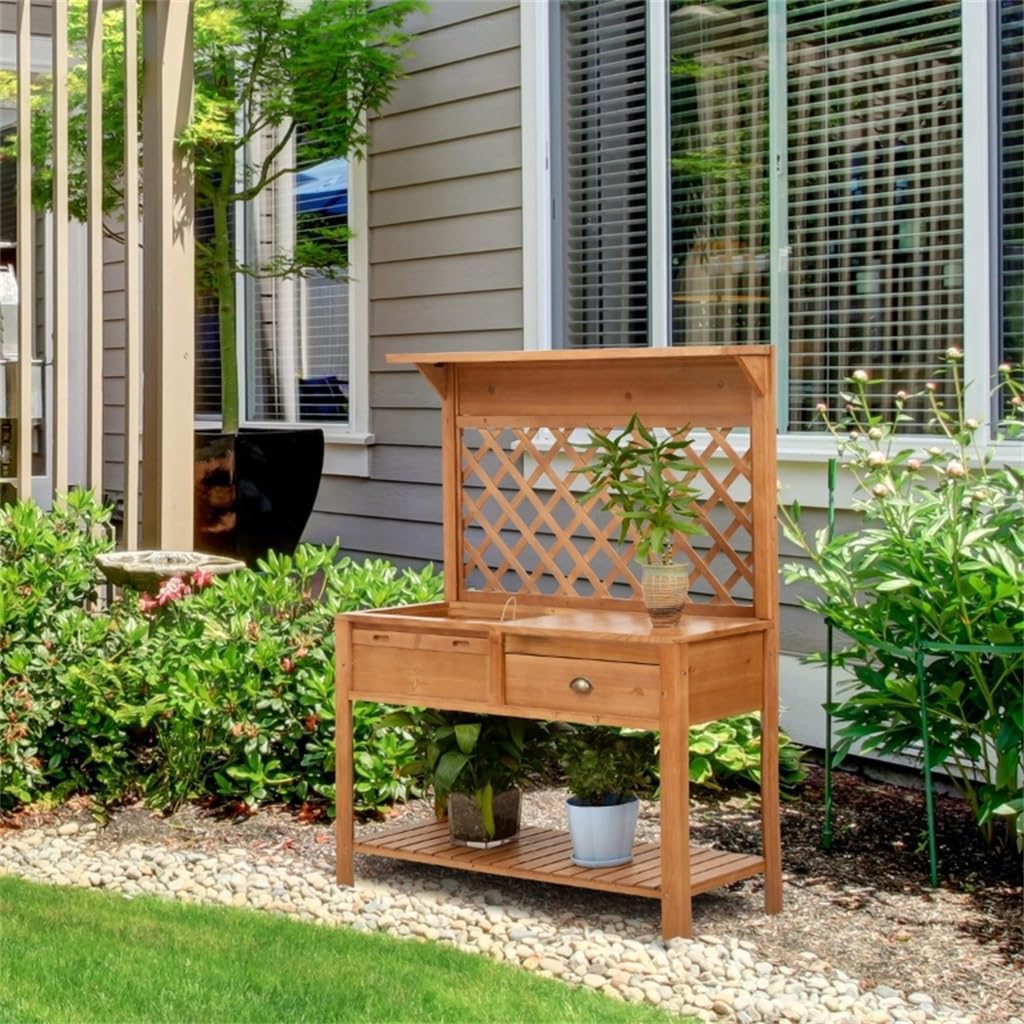 Garden Potting Bench, Outdoor Wooden Workstation Table W/Metal Screen, Drawer, Hooks, Storage Shelf, and Lattice Back