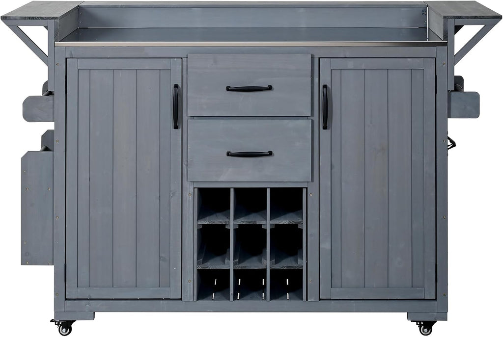 LUMISOL Outdoor Grill Cart with Stainless Steel Top, Wood Kitchen Island with Spice Rack & Wine Rack, 2 Drawers, Rolling Patio BBQ Kitchen Cart for Outdoor Cooking, Gray