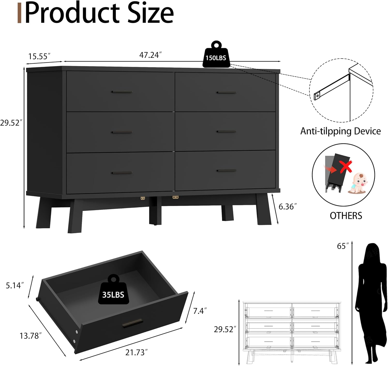 Xixini Dresser for Bedroom with 6 Drawer, Modern Chest of Drawers with X-Shaped Sturdy Base, Wide Wood Double Dresser Closet Clothes Storage Organizer, Wooden TV Stand for Living Room, Hallway, Black