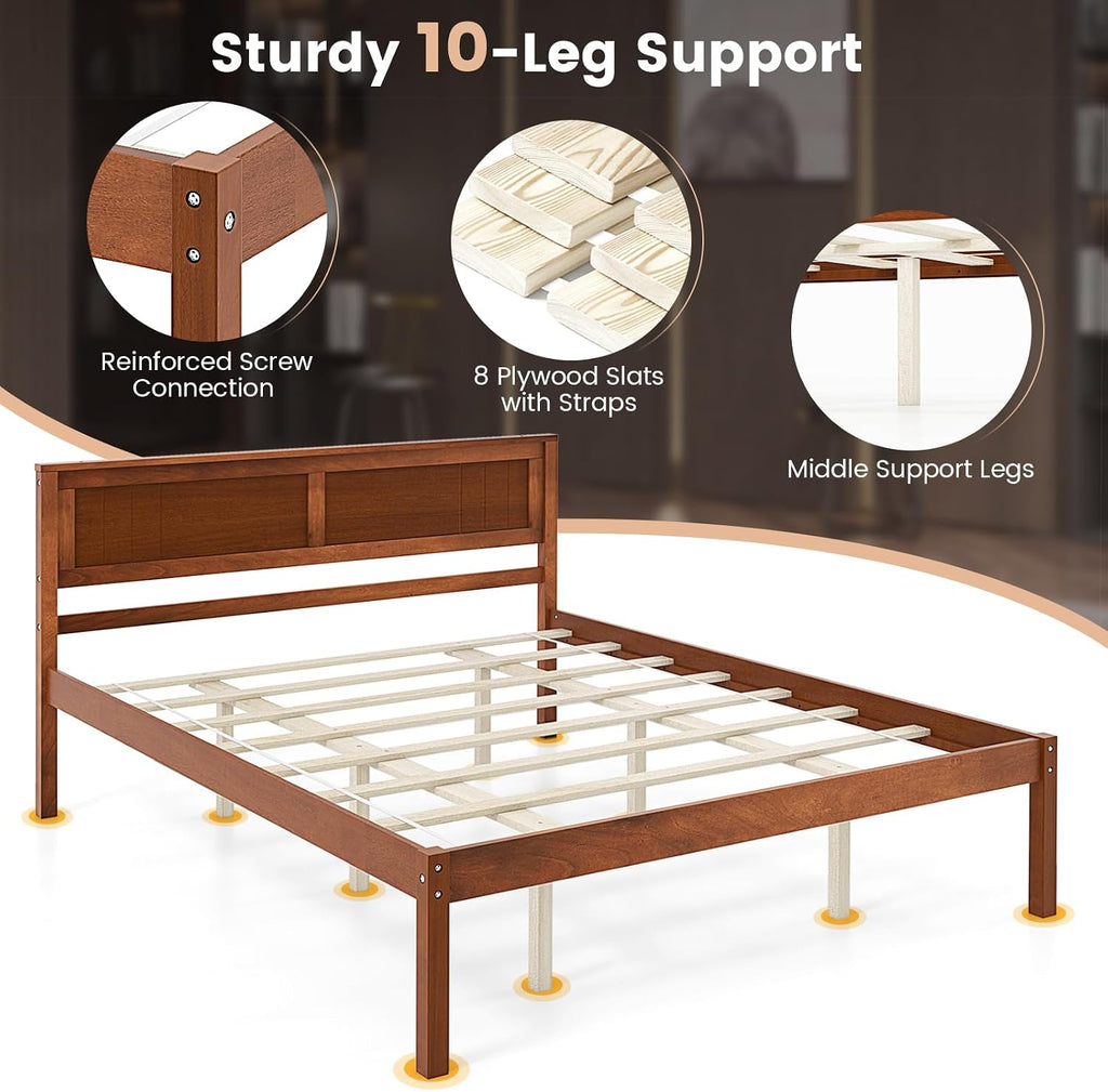 KOMFOTT Queen Size Wood Platform Bed Frame with Headboard, Solid Wood Bed Frame with Slat Support, 10-Leg Support, Under Bed Storage, 16' Mattress Foundation Bedroom Furniture, No Box Spring Needed