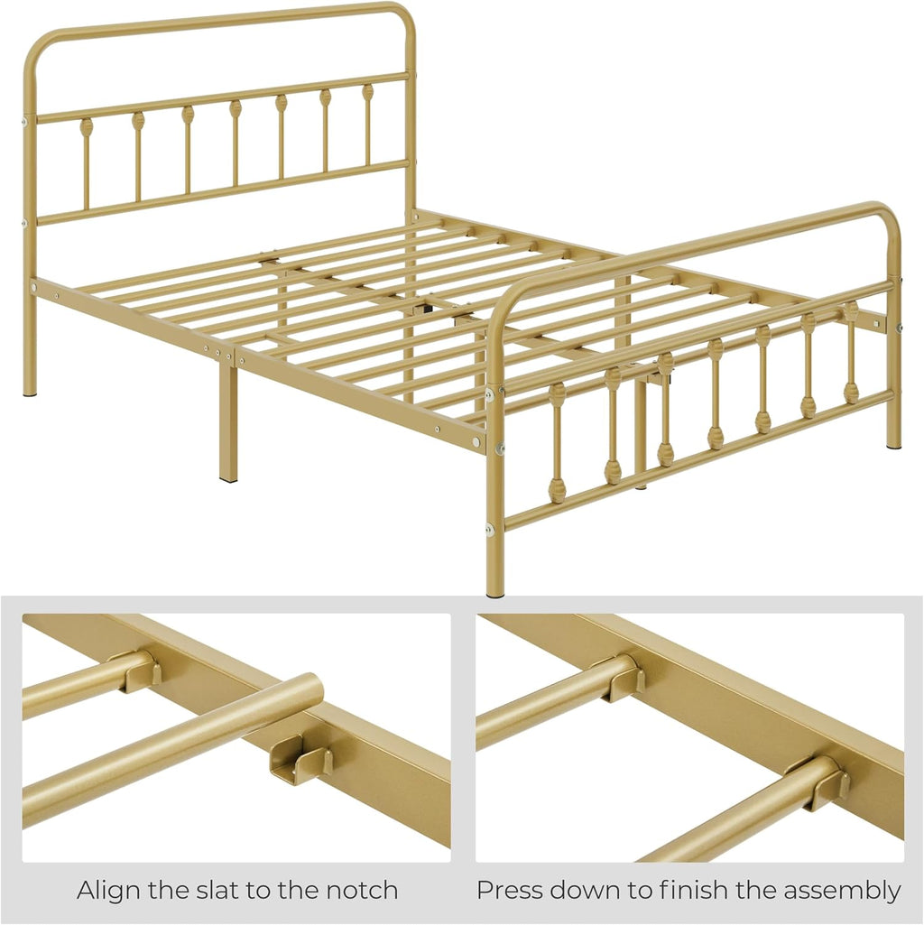 Topeakmart Queen Size Victorian Style Metal Bed Frame with Headboard/Mattress Foundation/No Box Spring Needed/Under Bed Storage/Strong Slat Support Antique Gold