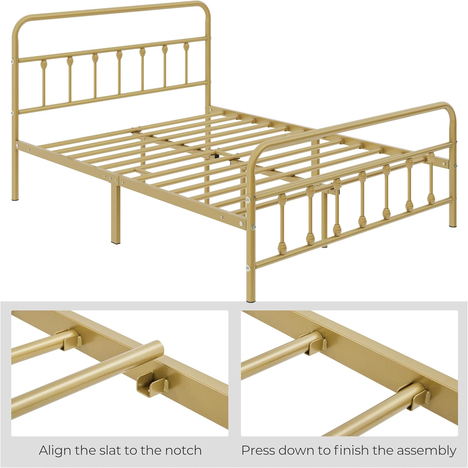 Topeakmart Queen Size Victorian Style Metal Bed Frame with Headboard/Mattress Foundation/No Box Spring Needed/Under Bed Storage/Strong Slat Support Antique Gold