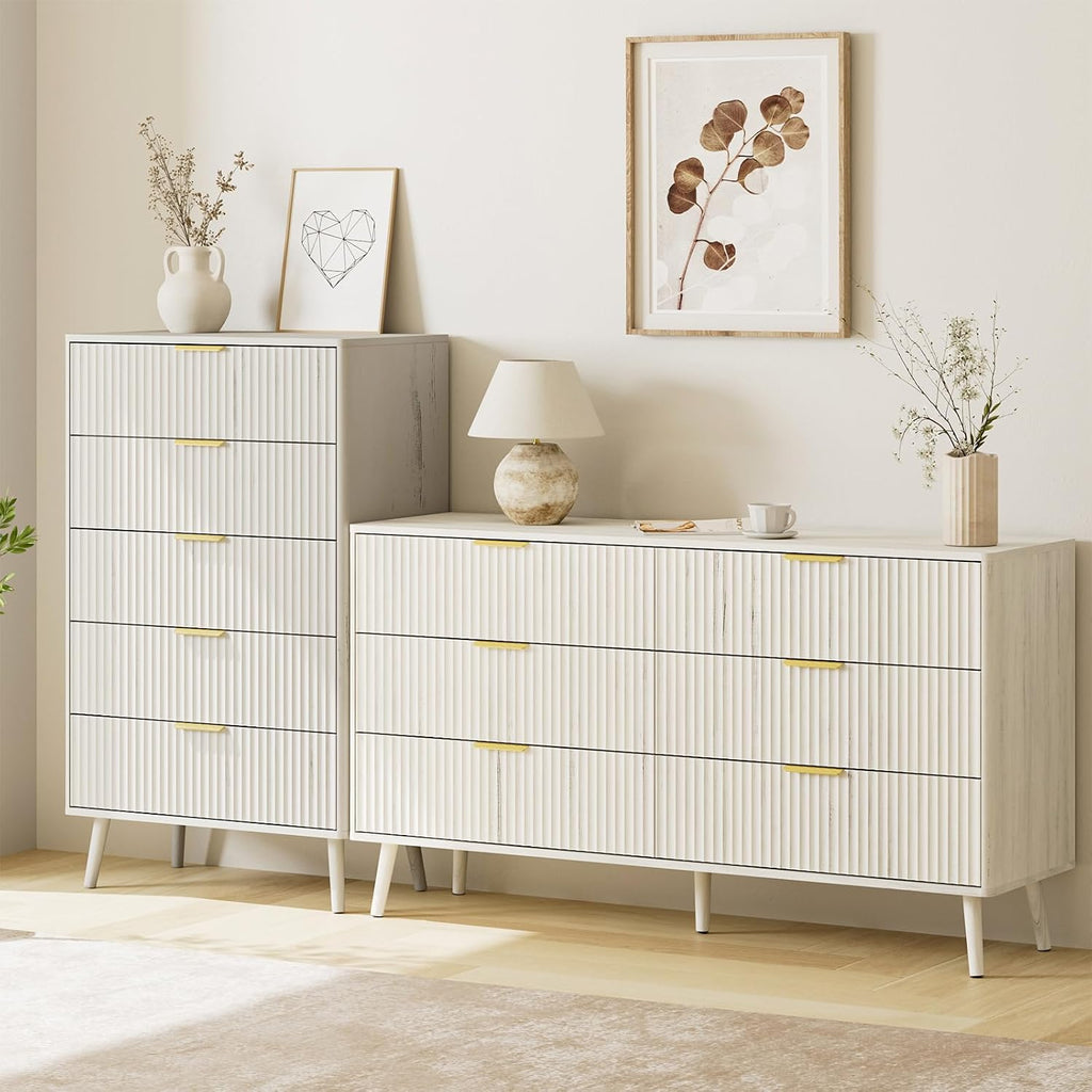 LYNSOM Fluted 5 Drawers Dresser, 45' Tall Modern Chest of Drawers with Curved Profile Design and Metal Handle, Wood Drawer Organizer for Bedroom, Living Room, Hallway, Entryway, White