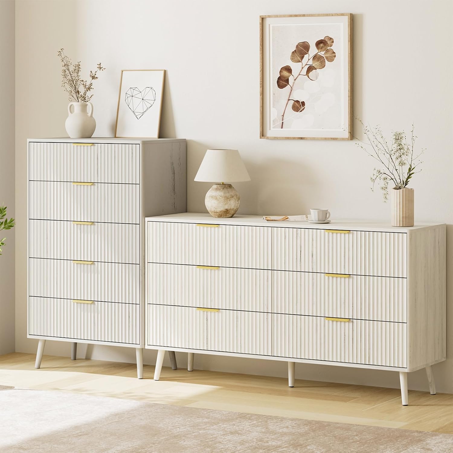 LYNSOM Fluted 5 Drawers Dresser, 45' Tall Modern Chest of Drawers with Curved Profile Design and Metal Handle, Wood Drawer Organizer for Bedroom, Living Room, Hallway, Entryway, White