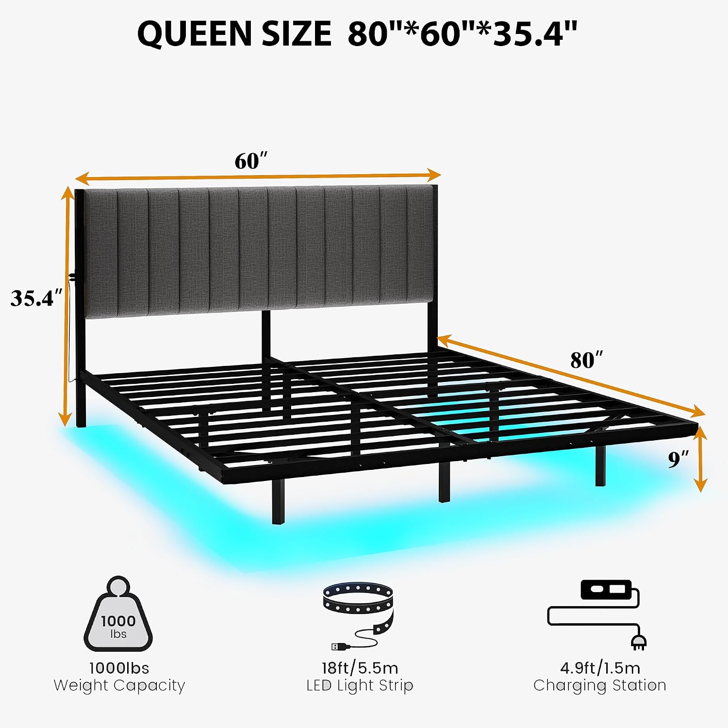 Floating Queen Bed Frame with LED Lights & Charging Station,Modern Metal Platform Bed Frame Queen Size with Upholstered Headboard,No Box Spring Needed,Heavy Duty Steel Slats,Easy Assembly,Noise Free