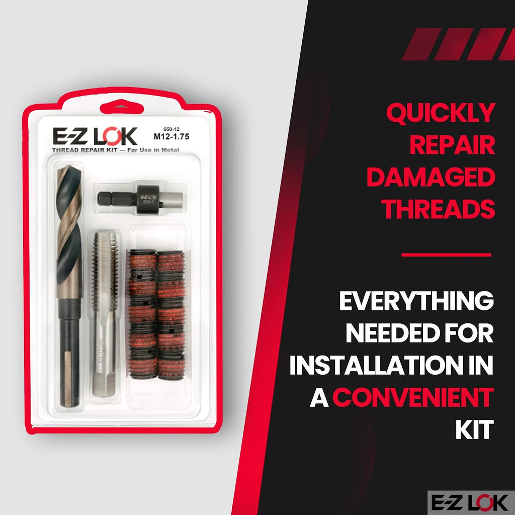 E-Z LOK EZ-650-12 Thread Repair Kit for Metal Carbon Steel Threaded Inserts M12-1.75 and Installation Tools